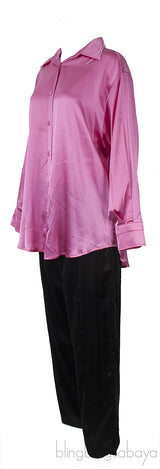 Fuchsia Silk Satin Shirt & Black Satin Trouser
