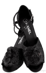Black Glitter Camellia Heels