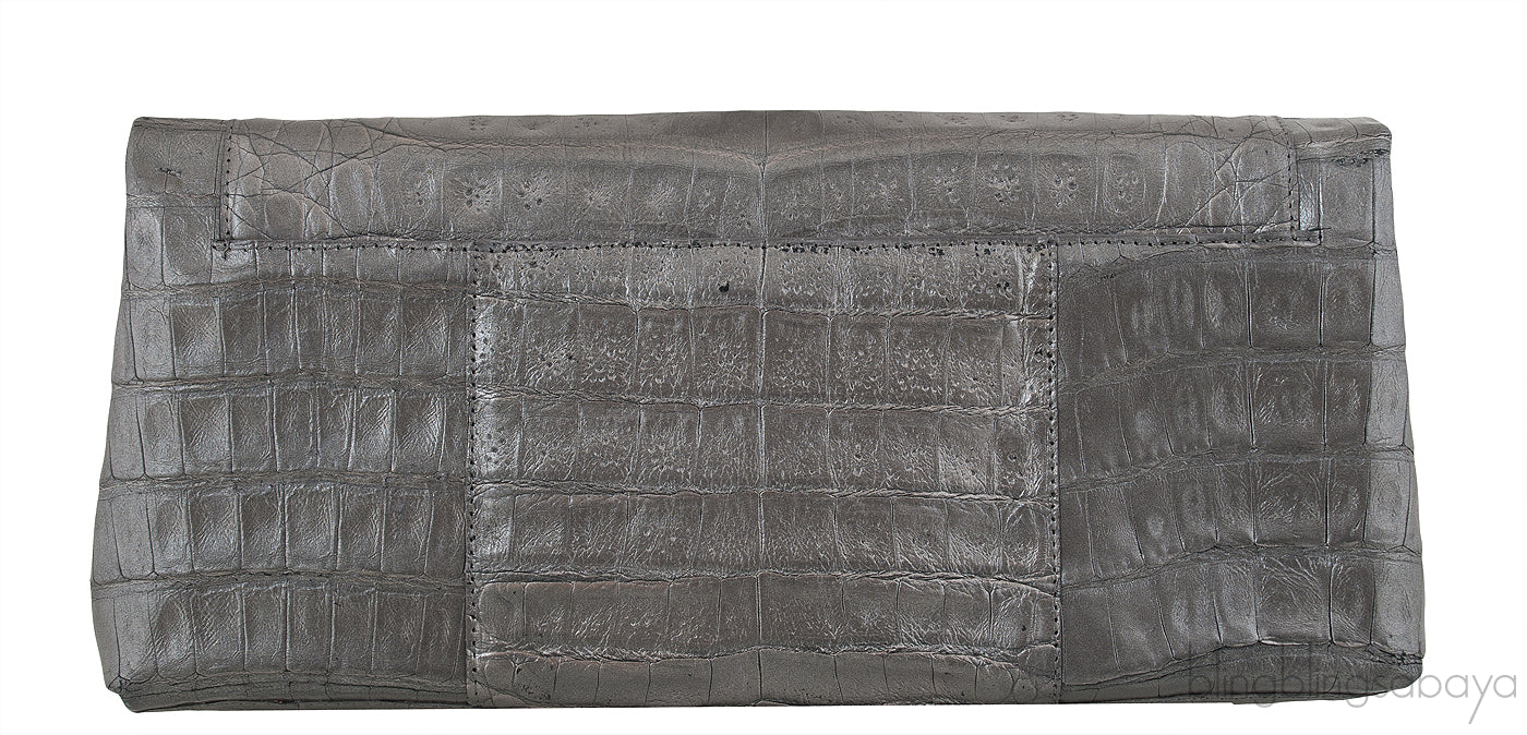 Nancy Gonzalez Grey Fold-Over Crocodile Clutch