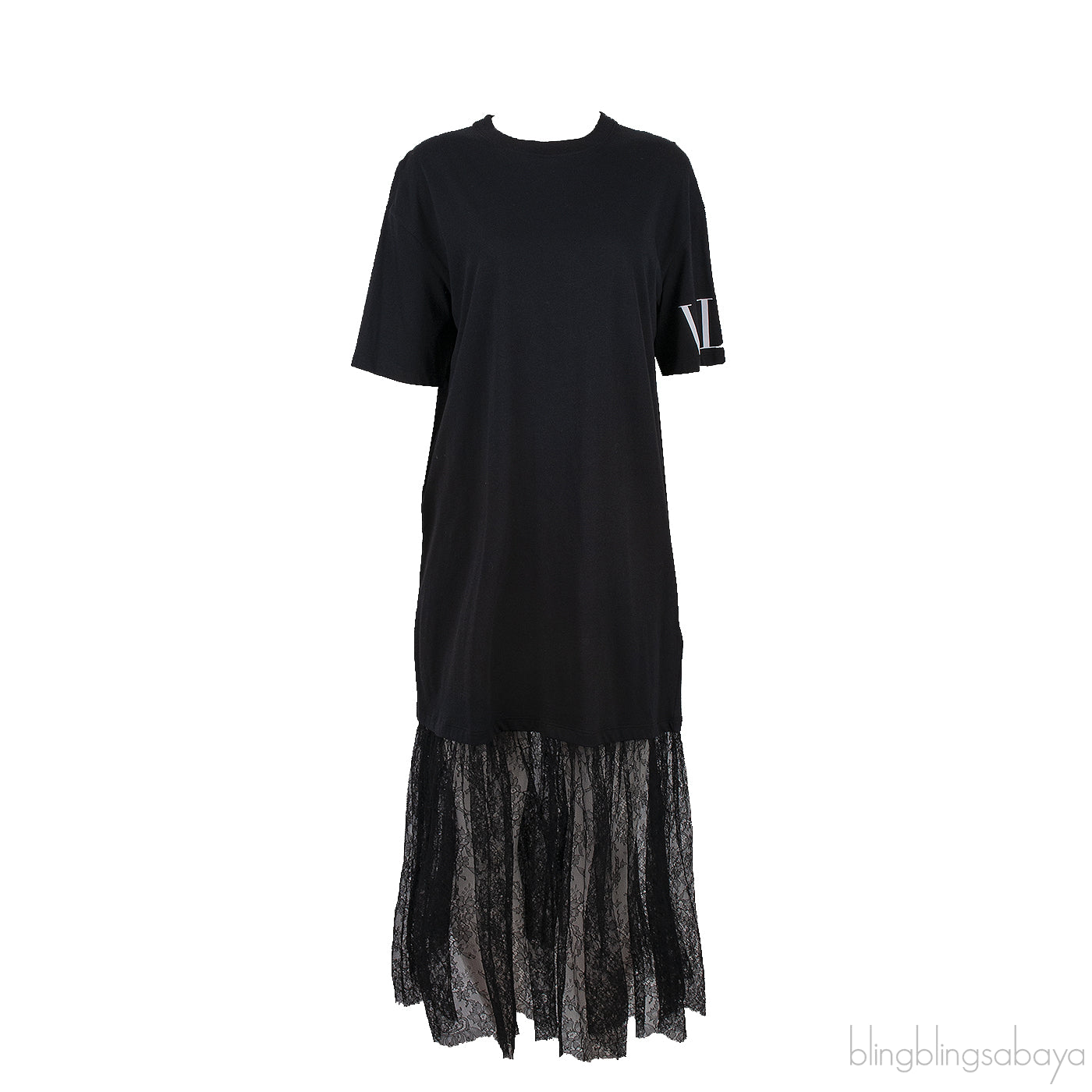 Black VLTN Lace Trim T-shirt Dress