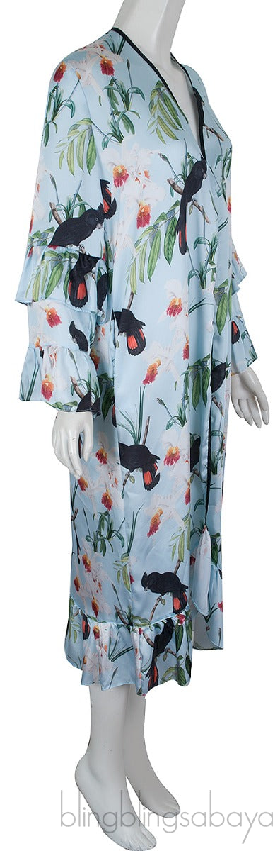 Bird Print Ruffled Kimono