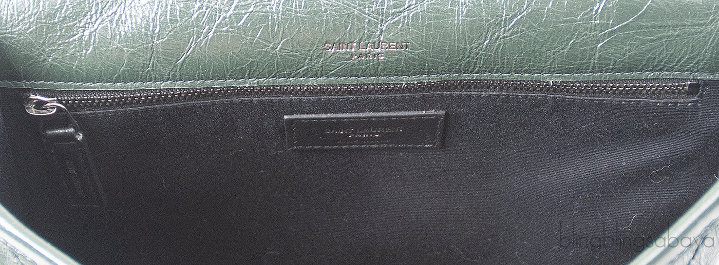 Yves Saint Laurent  Nikki Forest Green Medium Crinkled Leather Shoulder Bag