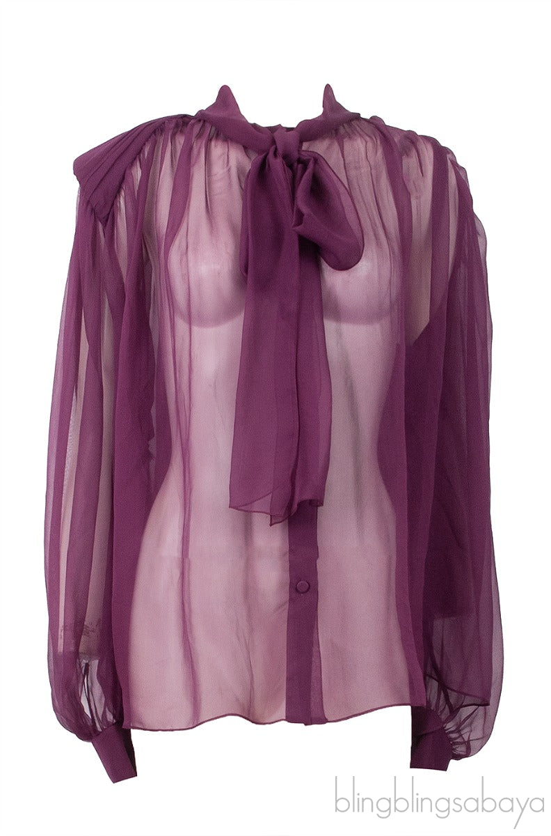 Plum Sheer Padded Shoulder Blouse