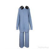 Blue Chinchillia Fur Lined Wool Hoodie and Pants