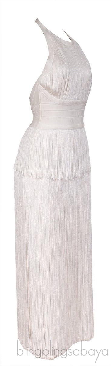 White Halter Neck Fringed Dress