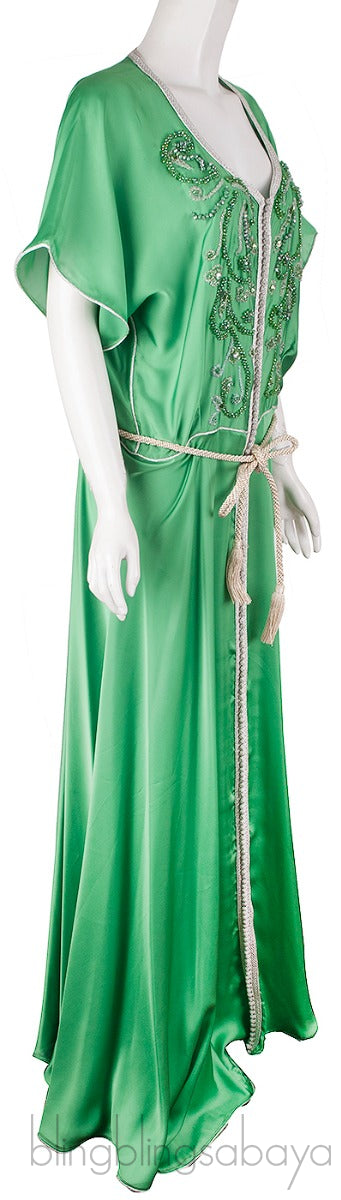 Green Bead & Crystal Embellished Moroccan Kaftan