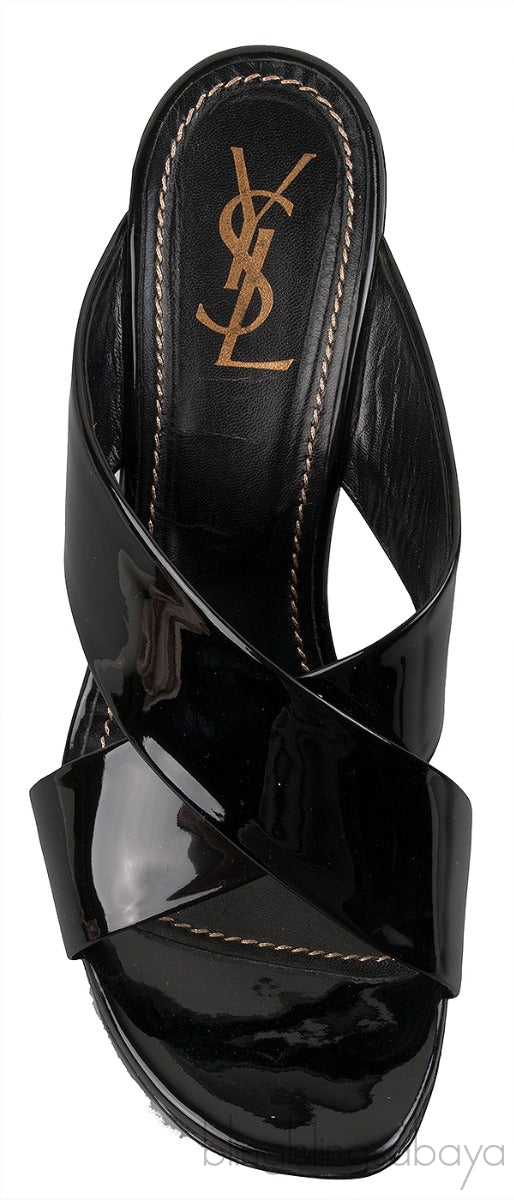 Black Patent Criss-cross Slide Sandals