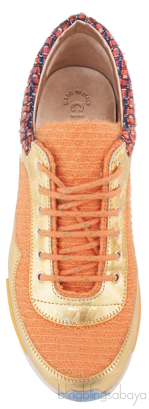 Metallic Gold Orange Woven Sneakers