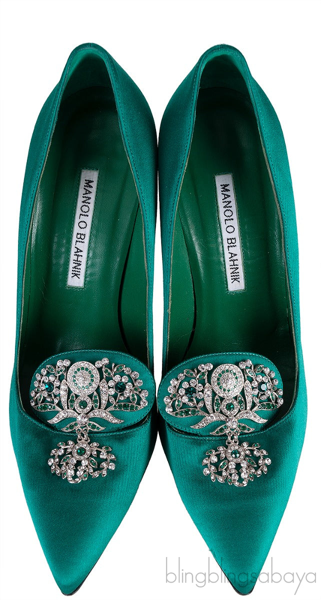 Emerald Green Crystal Satin Heels