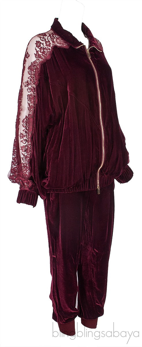 Burgundy Lace Trim Velvet Jacket & Jogger Set