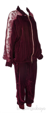 Burgundy Lace Trim Velvet Jacket & Jogger Set