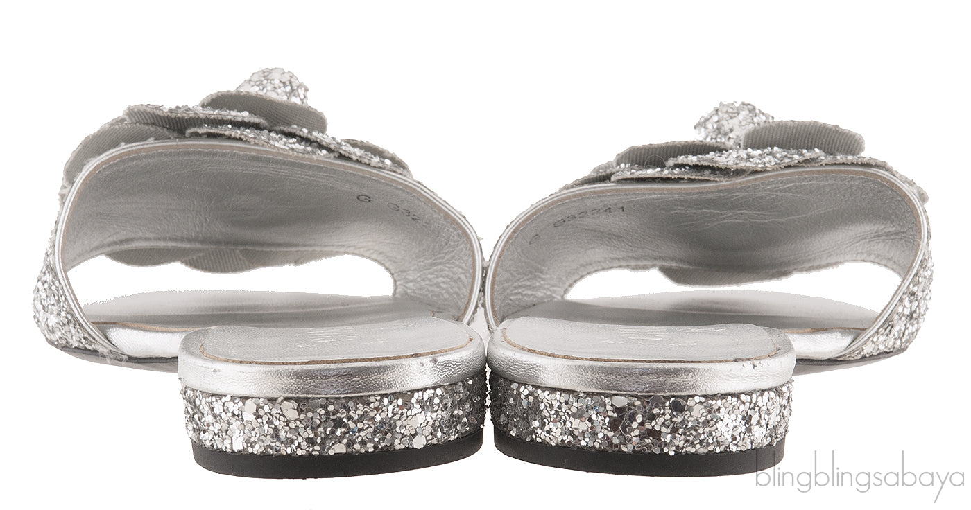 Camellia Floral Glitter Flat Mule