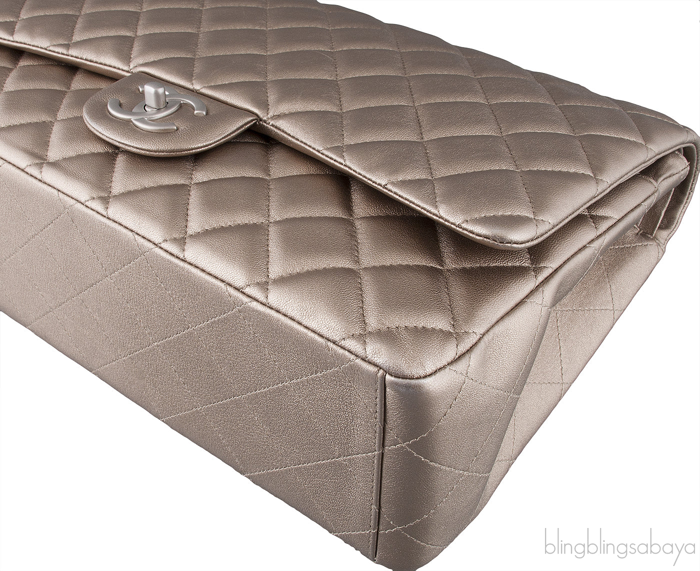 Metallic Silvery Gold Quilted Maxi Flap Bag