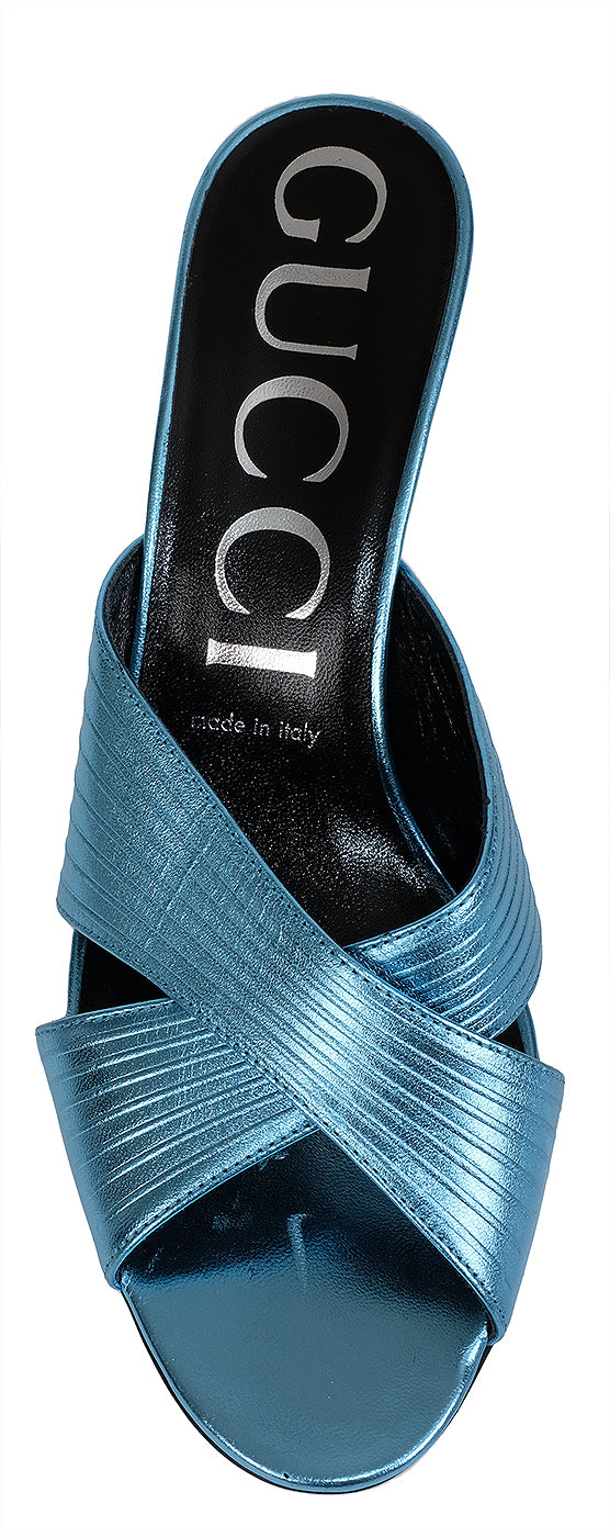 Gucci Criss-cross Metallic Blue Sandals
