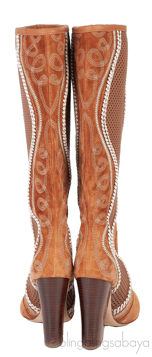 Brown Perforated Texan Knee High Boots