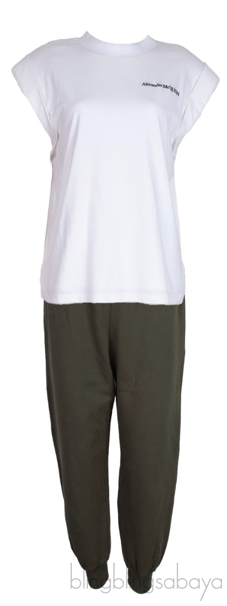 White Padded Shoulder Top & Green Trouser
