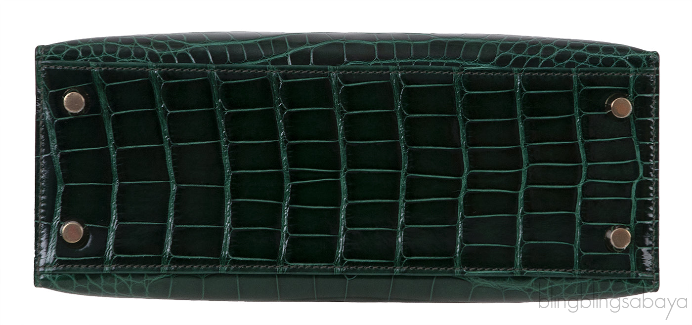 Kelly 25 Sellier Vert Fonce Patent Crocodile GHW