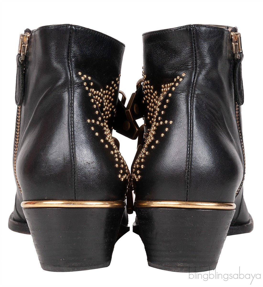 Black Leather Metal Beads Strappy Boots