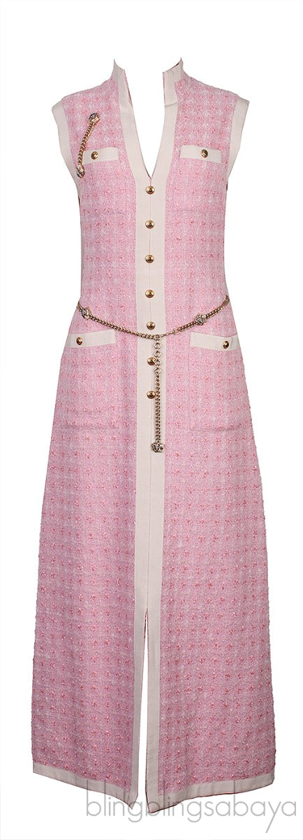 Pink Tweed Sleeveless Long Dress