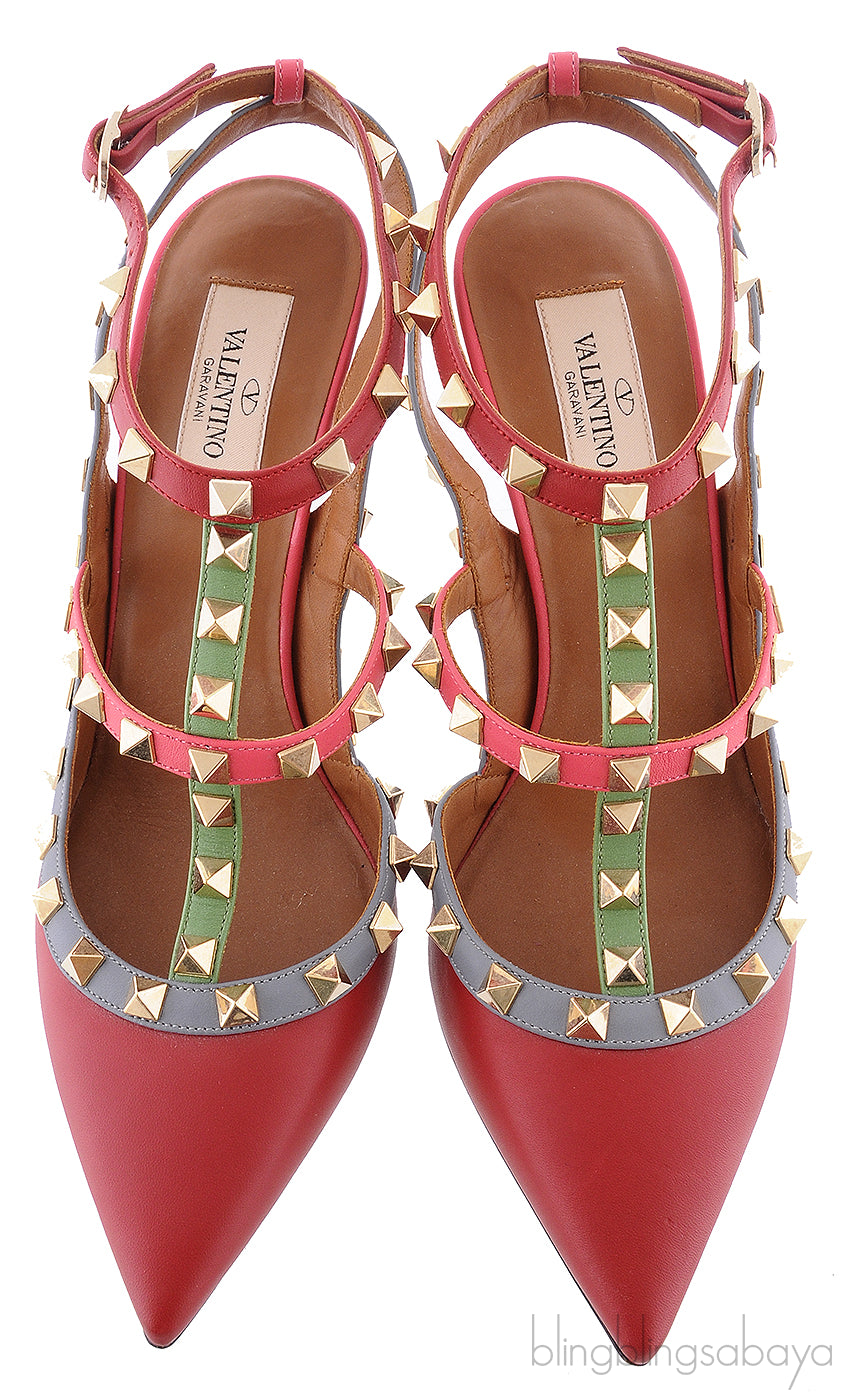 Red Multicolor Strap Rockstud Pump