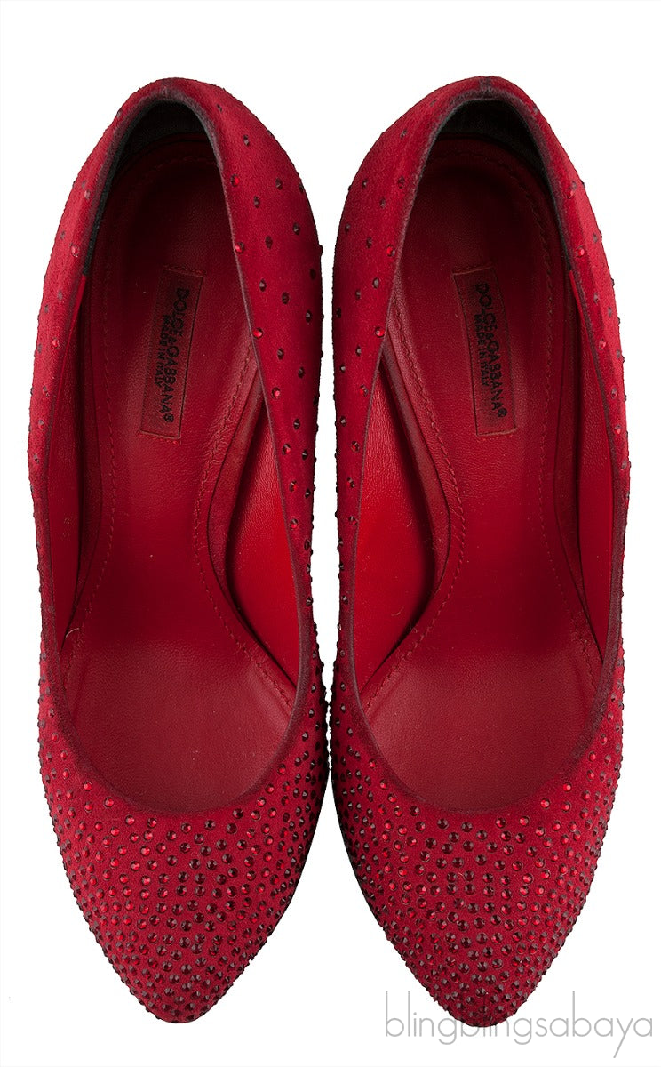 Dolce & Gabbana Red Suede Crystal Heels
