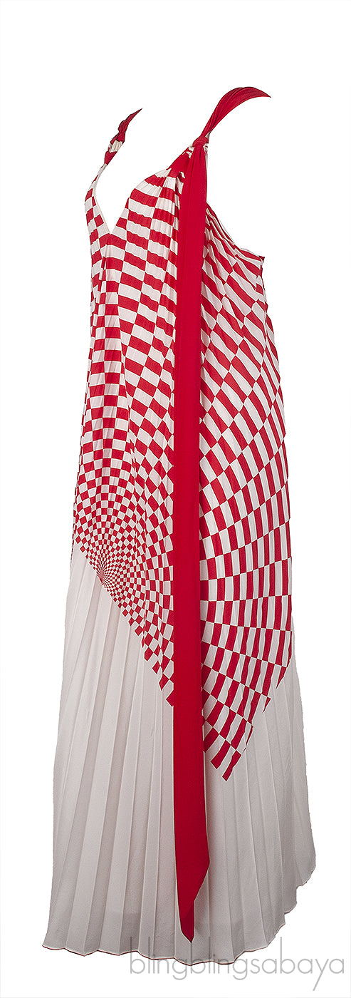Fendi Red and White Checkered Pleated Midi Dress