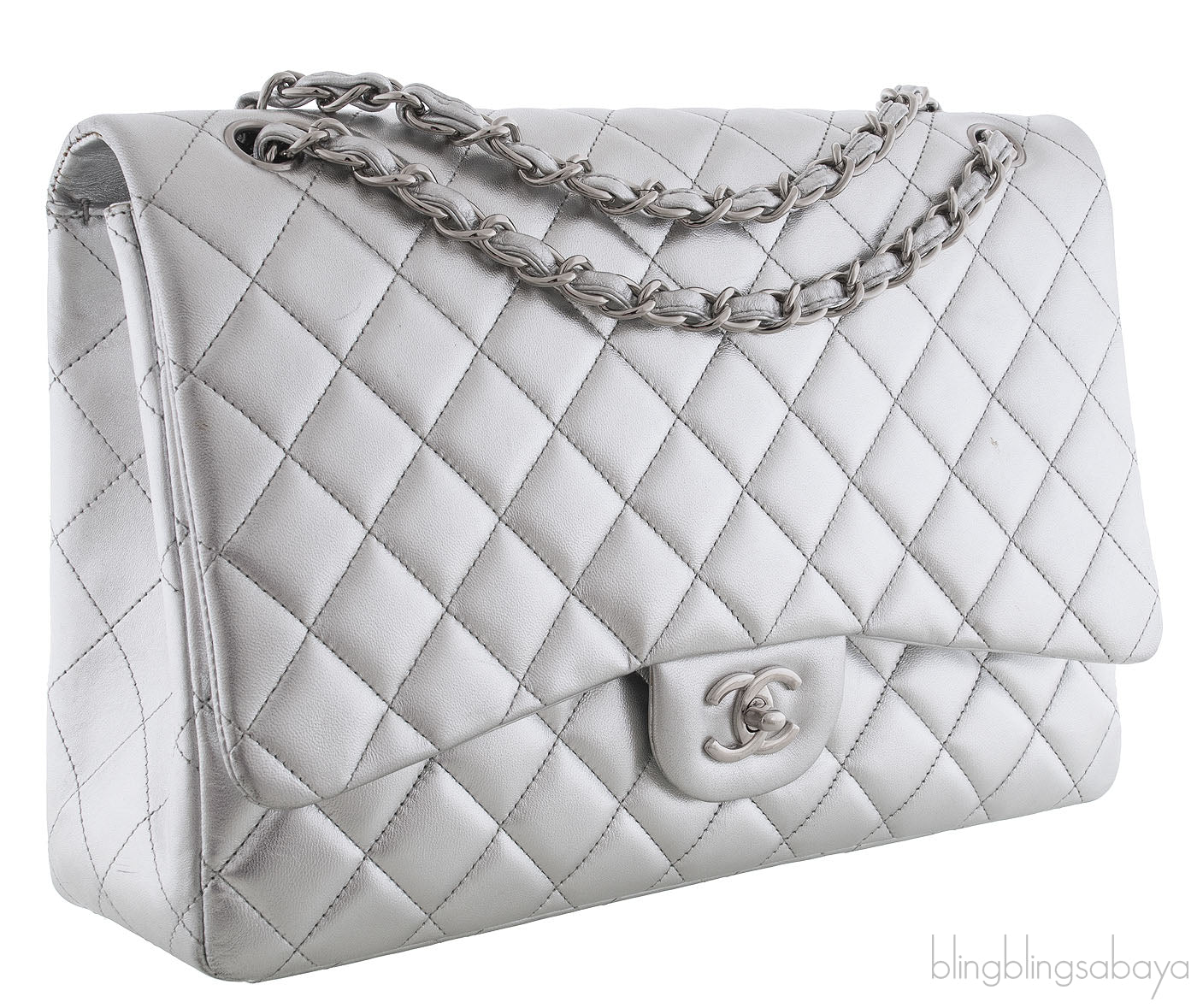 Metallic Silver Quilted Maxi Flap Bag