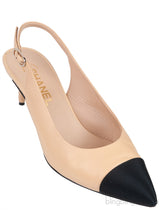 Beige Leather/Black Canvas Slingback Shoes