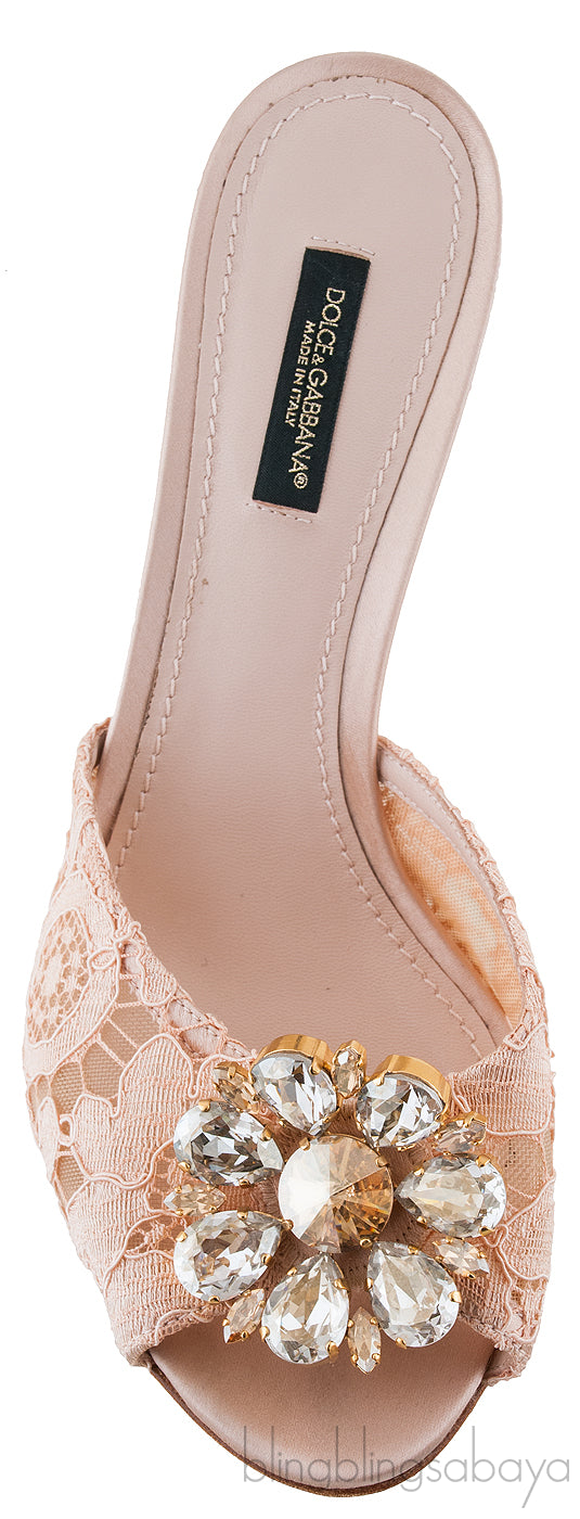 Beige Lace Crystal Vamp Slip-on Sandals