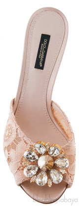 Beige Lace Crystal Vamp Slip-on Sandals