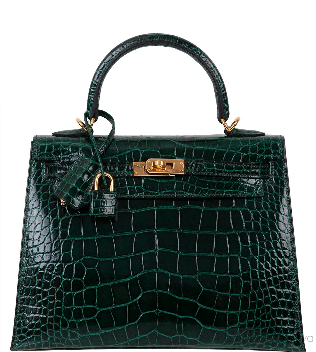 Kelly 25 Sellier Vert Fonce Patent Crocodile GHW