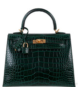 Kelly 25 Sellier Vert Fonce Patent Crocodile GHW