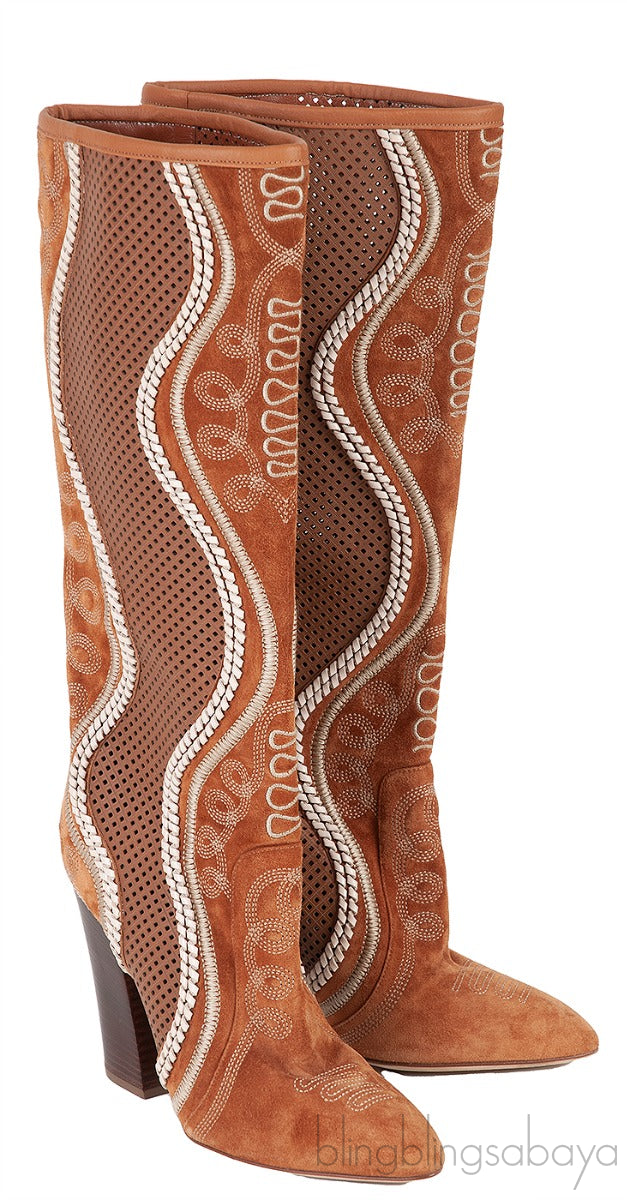 Brown Perforated Texan Knee High Boots