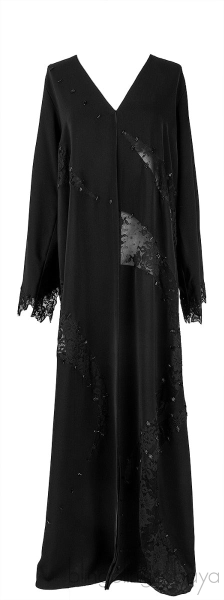 Black Beaded & Lace Trim Abaya