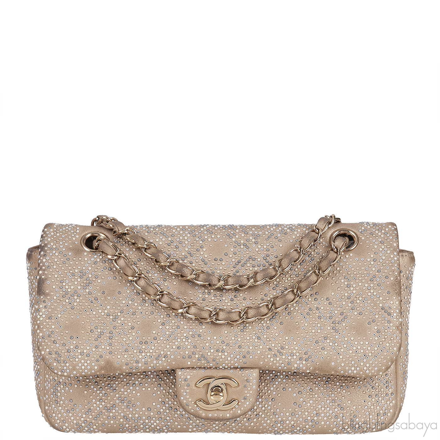 Crystal Bead Jewel Gold Medium Flap Bag