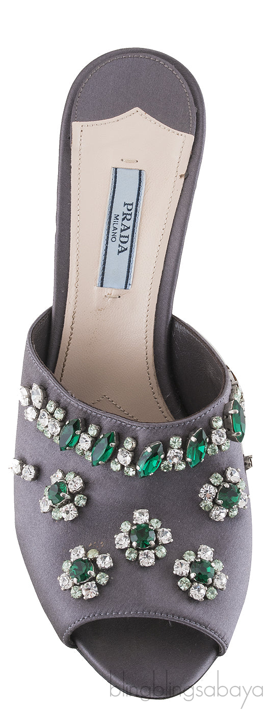 Grey Floral Crystal Slip on Sandals