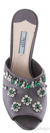 Grey Floral Crystal Slip on Sandals