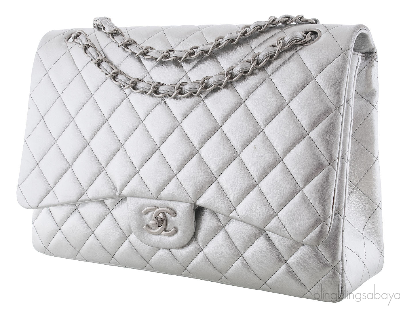 Metallic Silver Quilted Maxi Flap Bag