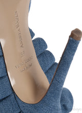 Andrea Wazen Blue Denim Rouches 105 Ruffled Mule Sandals