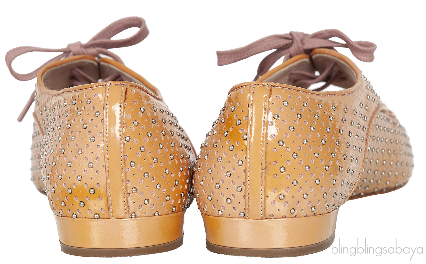 Miu Miu Brown Metal Bead Flat Peep Toe Shoes