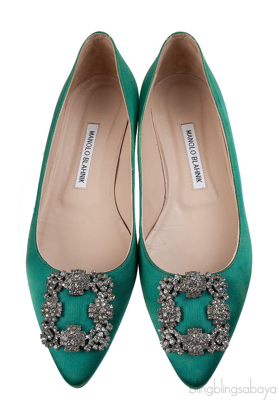 Manolo Blahnik Emerald Green Satin Hangisi Flat Shoes