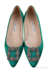 Manolo Blahnik Emerald Green Satin Hangisi Flat Shoes