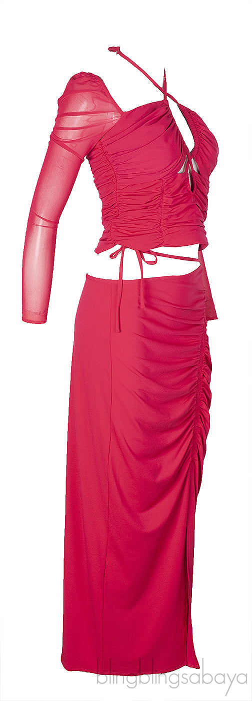 Self-Portrait Fuchsia Pink Jersey Cut out Top & Ruched Skirt