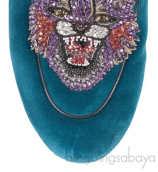 Teal Tiger Embroidered Princetown Slide