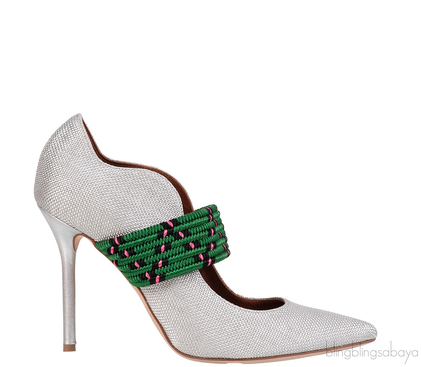 Silver Raffia & Green Fabric Heels