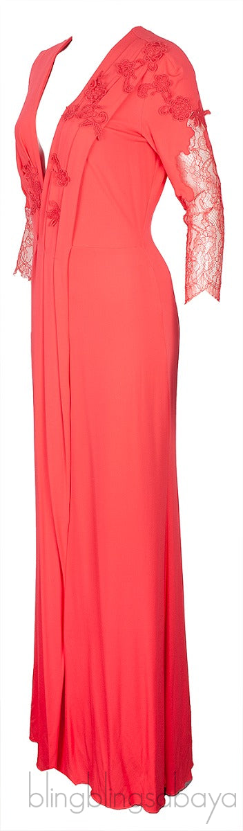 Coral Pink Lace Sleeve Dress
