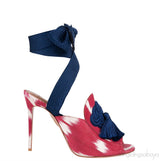 Printed Canvas Blue Tassel Wrap Around Heels
