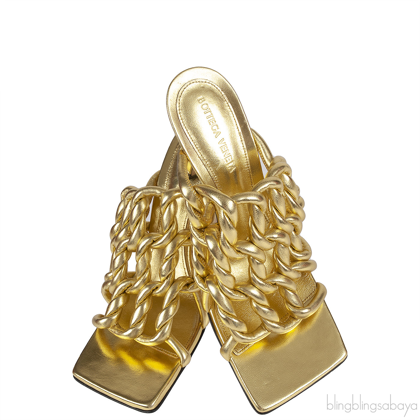 Bottega Veneta Metallic Gold Reflection Weave Square Toe Sandals