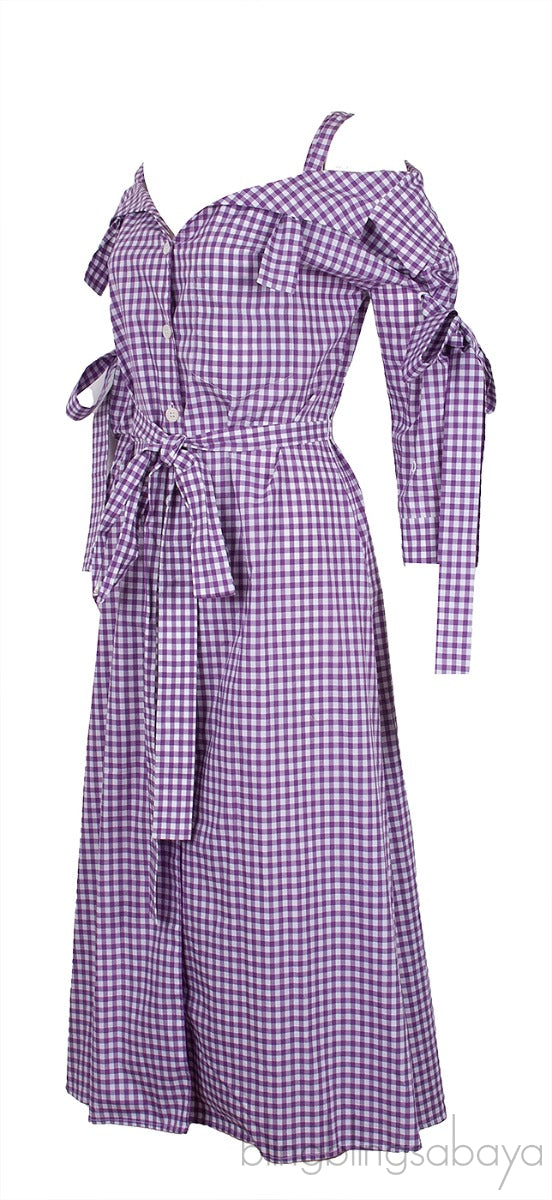 Purple Checkered Print Off-Shoulder Dress