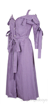 Purple Checkered Print Off-Shoulder Dress